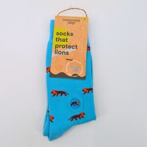 NWT Conscious Step Crew Socks Small Womens 5-9 Mens 4-8 Blue Lions Organic